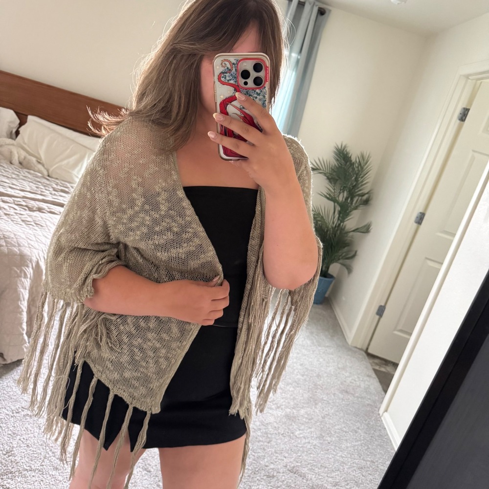 Pol Western Boho Fringe Knit Shawl With Sleeves, Large